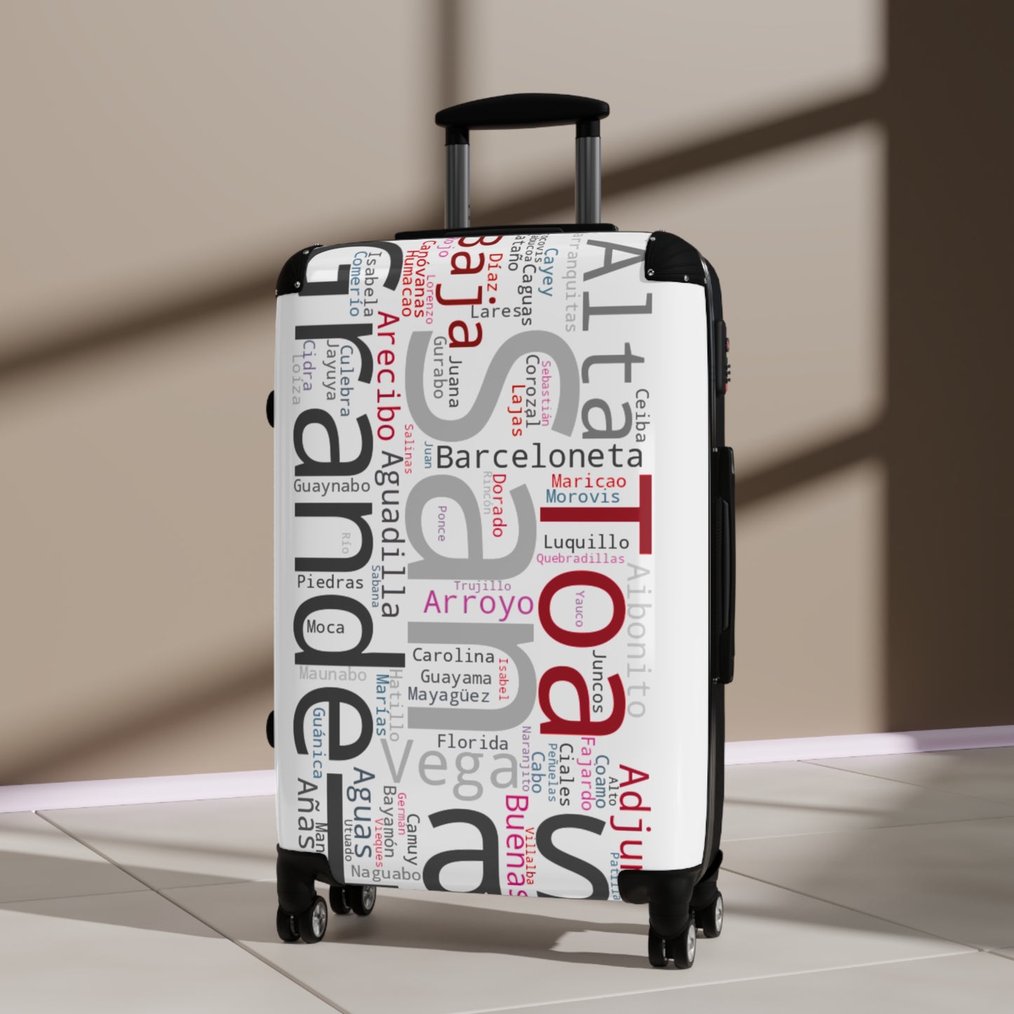 White, Black & Red Puerto Rico Suitcase - Maleta Con los Municipios de Puerto Rico