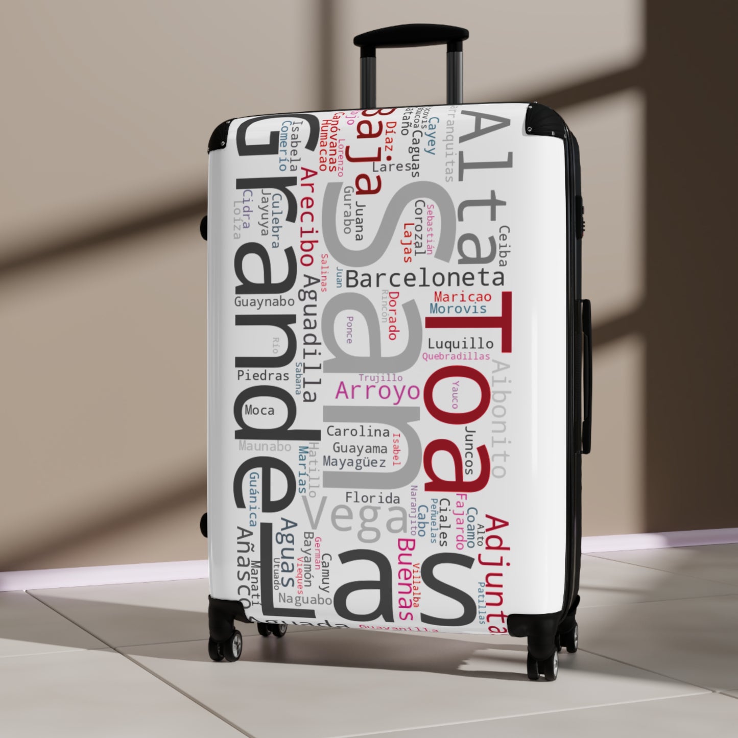 White, Black & Red Puerto Rico Suitcase - Maleta Con los Municipios de Puerto Rico