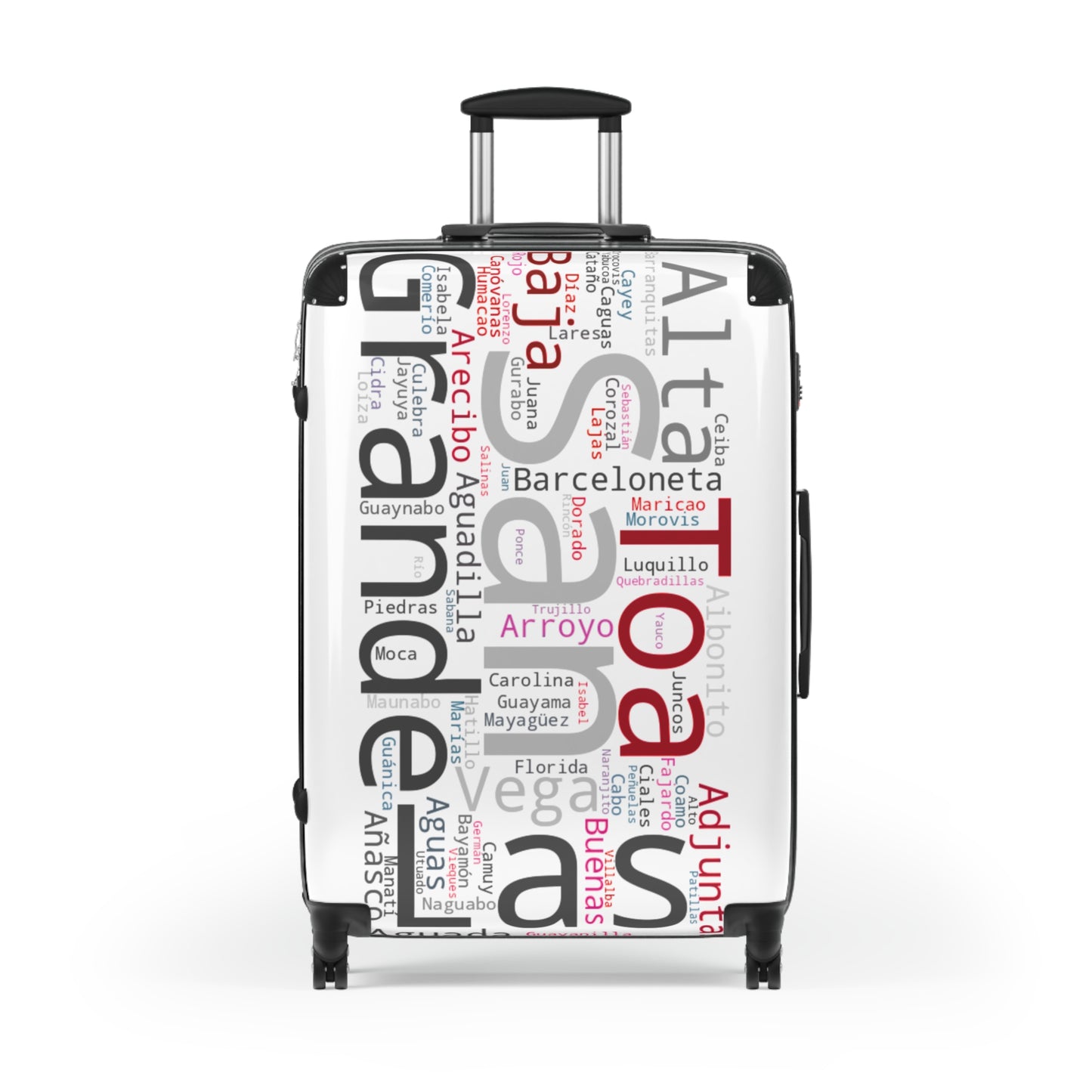 White, Black & Red Puerto Rico Suitcase - Maleta Con los Municipios de Puerto Rico