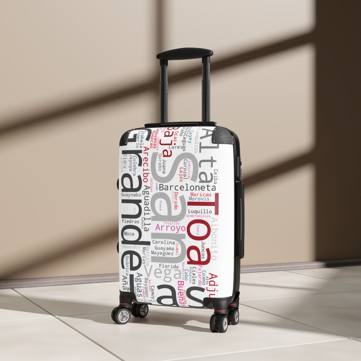 White, Black & Red Puerto Rico Suitcase - Maleta Con los Municipios de Puerto Rico