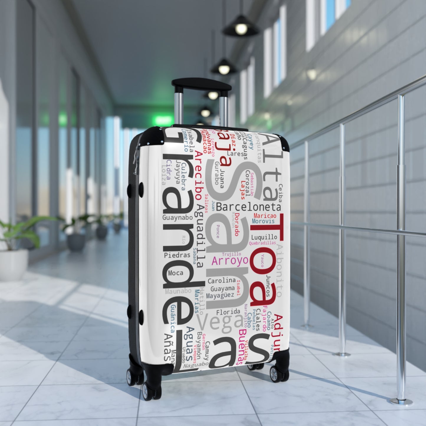 White, Black & Red Puerto Rico Suitcase - Maleta Con los Municipios de Puerto Rico