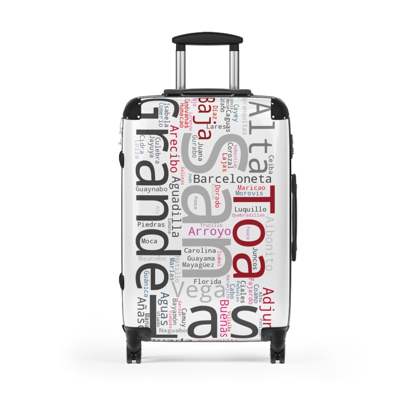 White, Black & Red Puerto Rico Suitcase - Maleta Con los Municipios de Puerto Rico