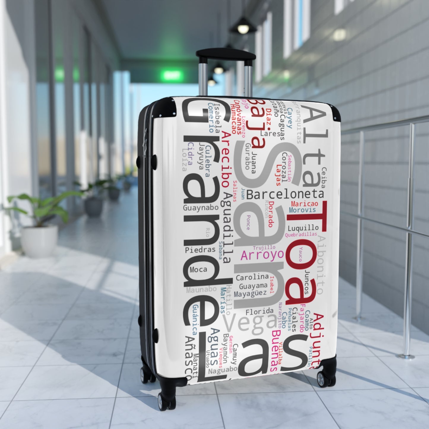 White, Black & Red Puerto Rico Suitcase - Maleta Con los Municipios de Puerto Rico