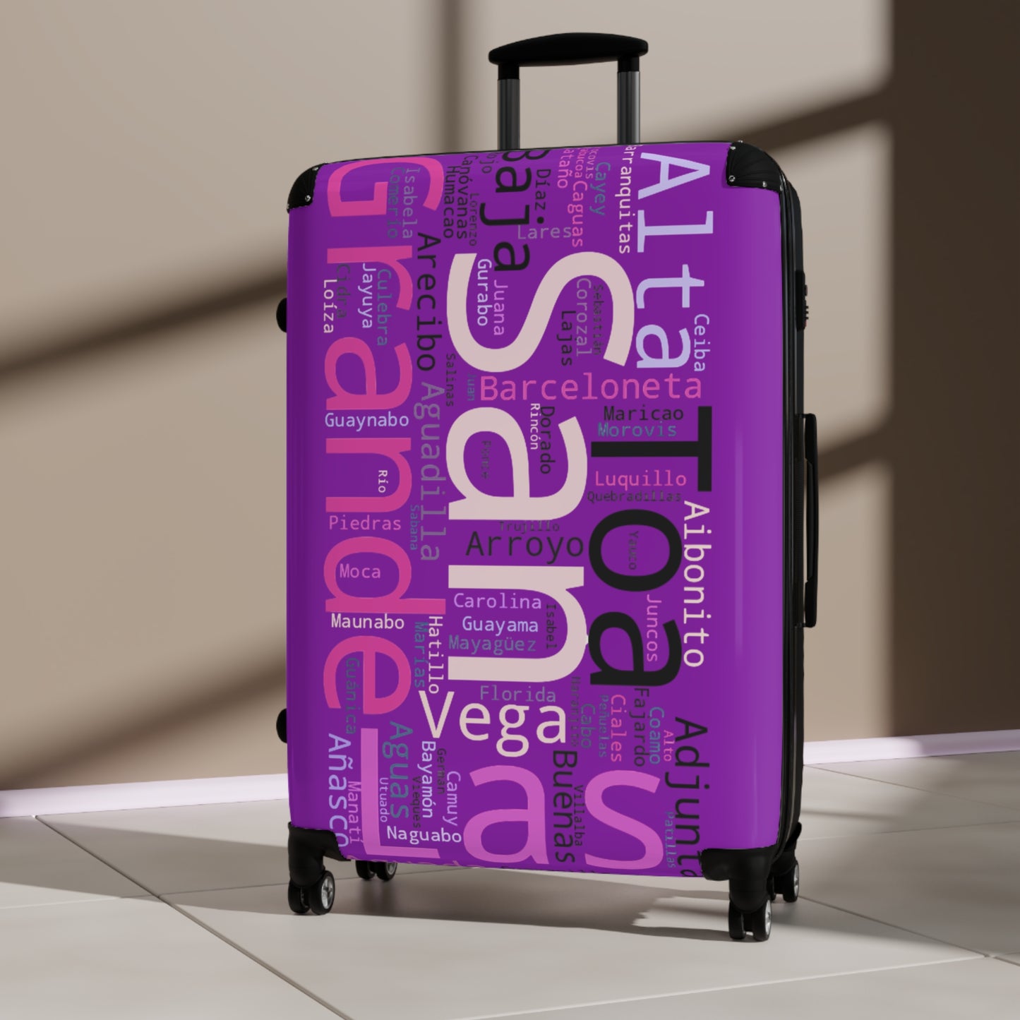 Purple Puerto Rico Suitcase - Maleta Con los Municipios de Puerto Rico