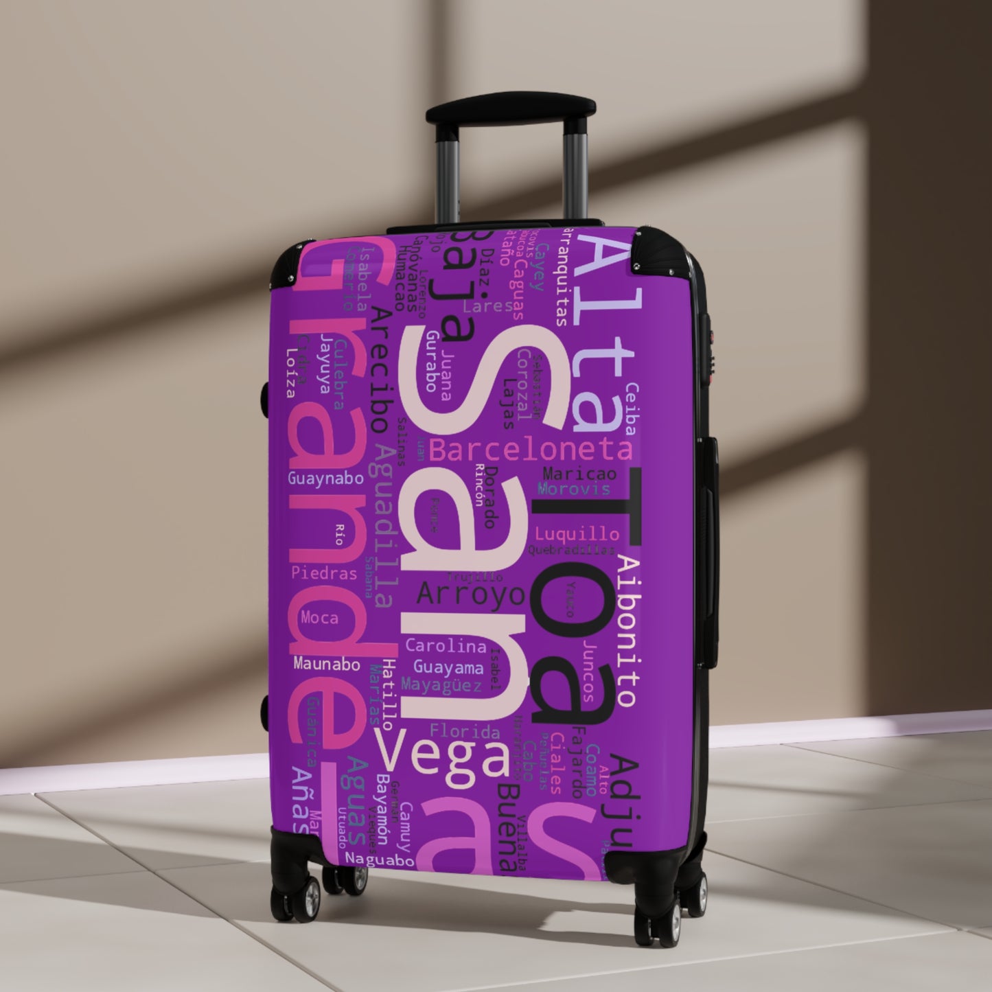 Purple Puerto Rico Suitcase - Maleta Con los Municipios de Puerto Rico