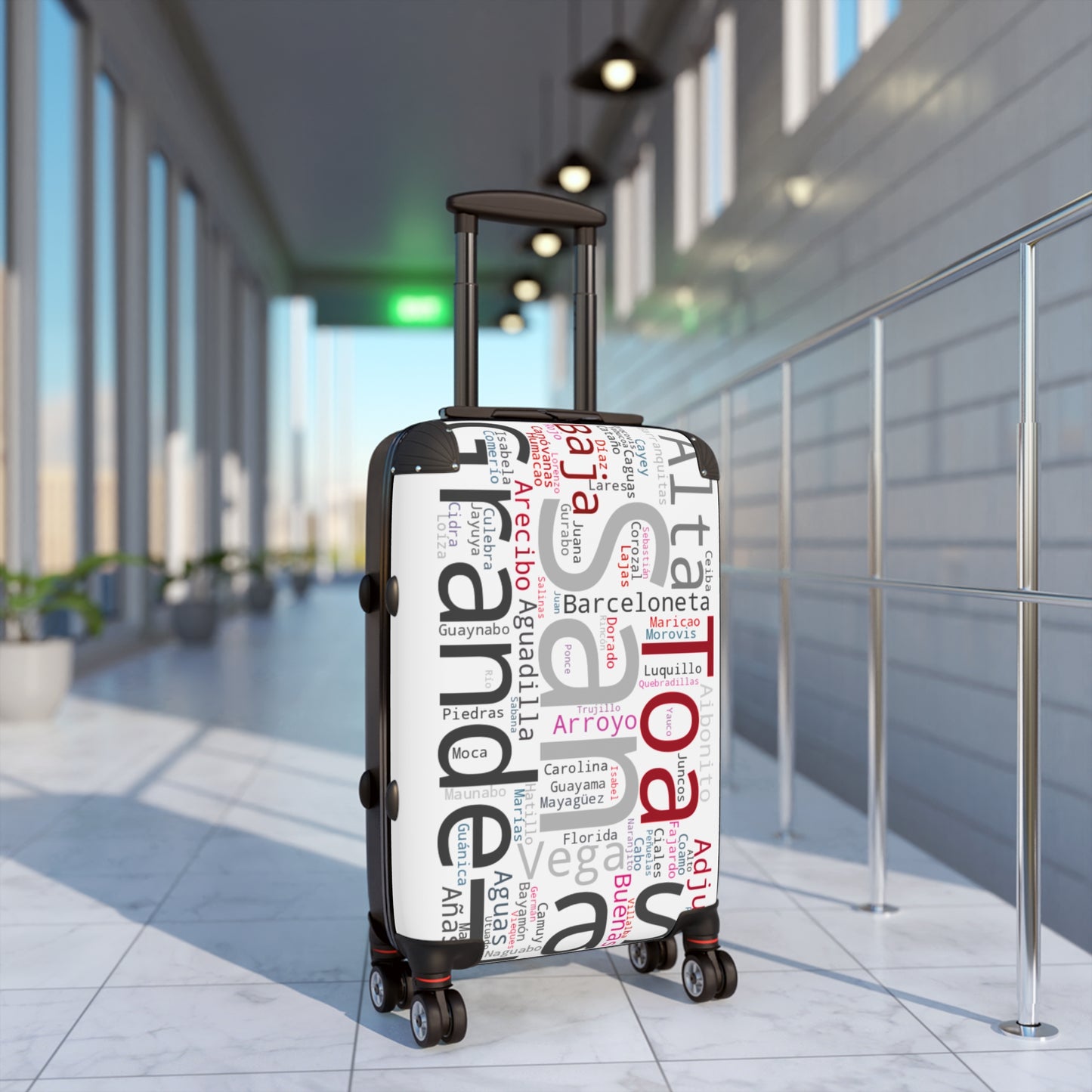 White, Black & Red Puerto Rico Suitcase - Maleta Con los Municipios de Puerto Rico