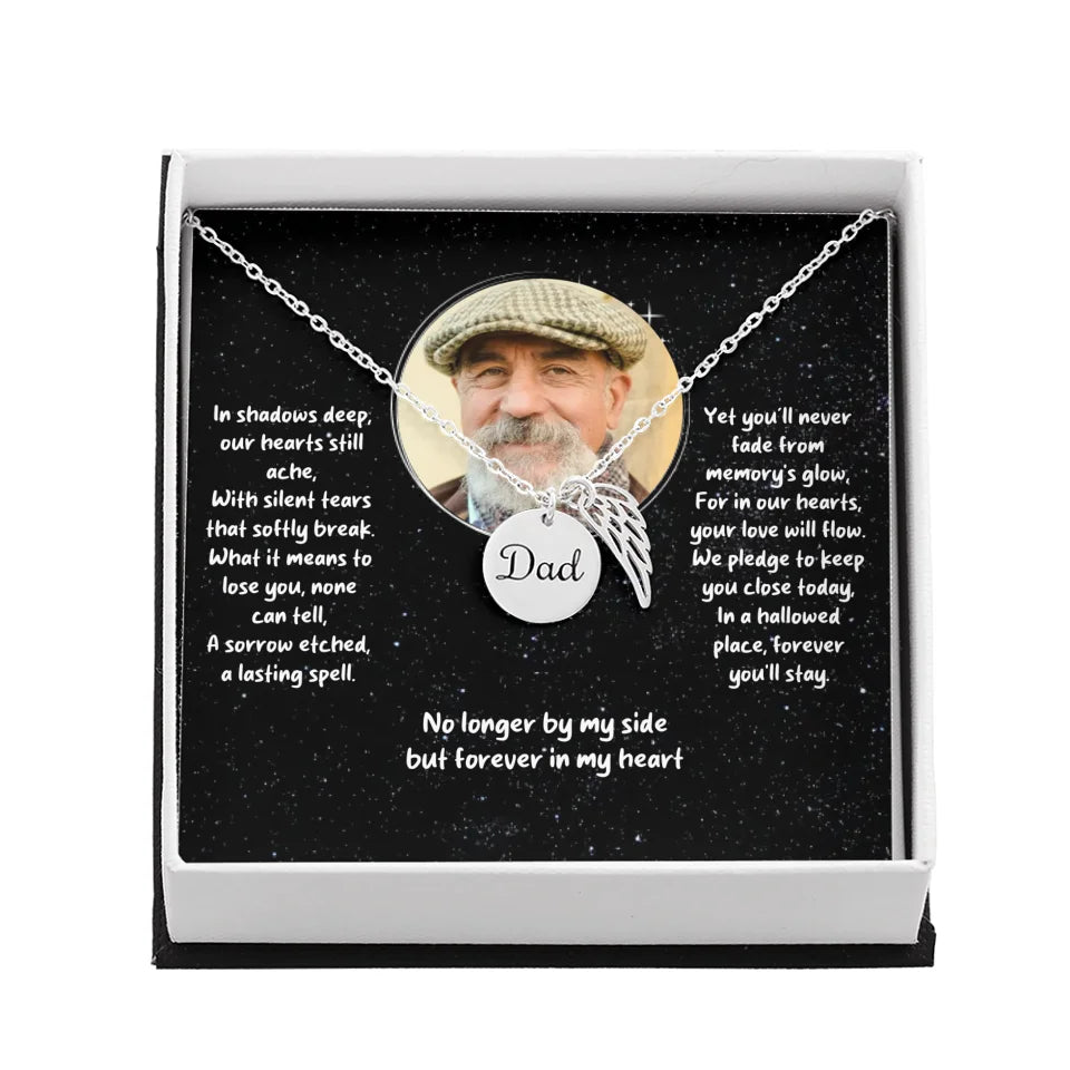 Dad Memorial Angel Wing Pendant Necklace- Personalized Photo Card with Message